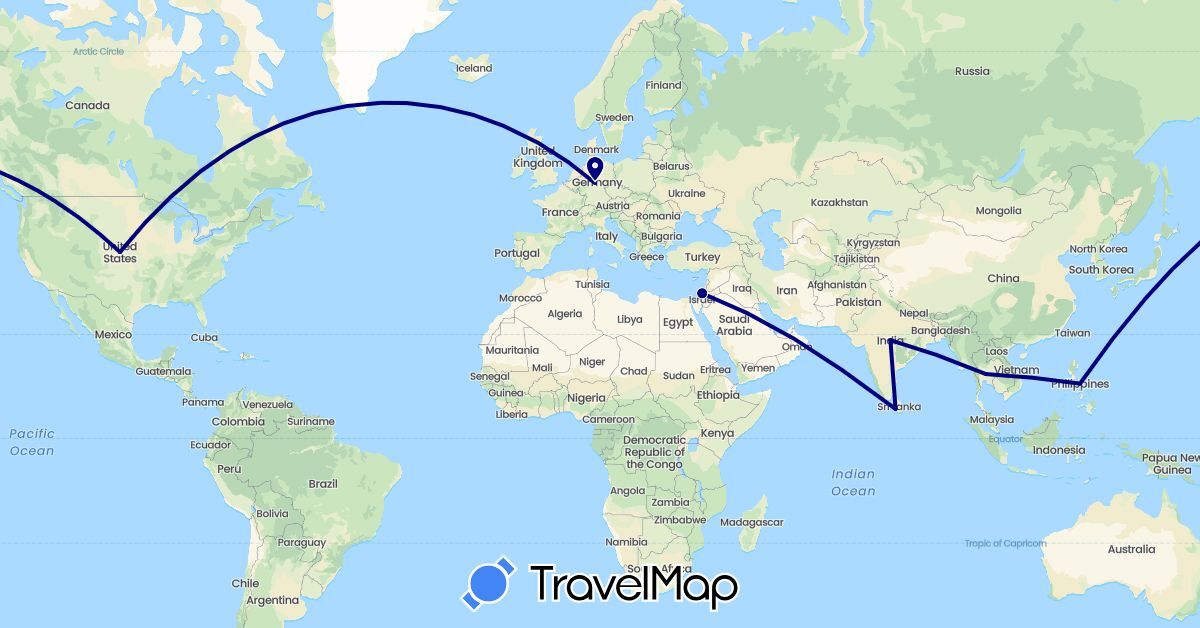 TravelMap itinerary: driving in Israel, India, Sri Lanka, Philippines, Thailand, United States (Asia, North America)